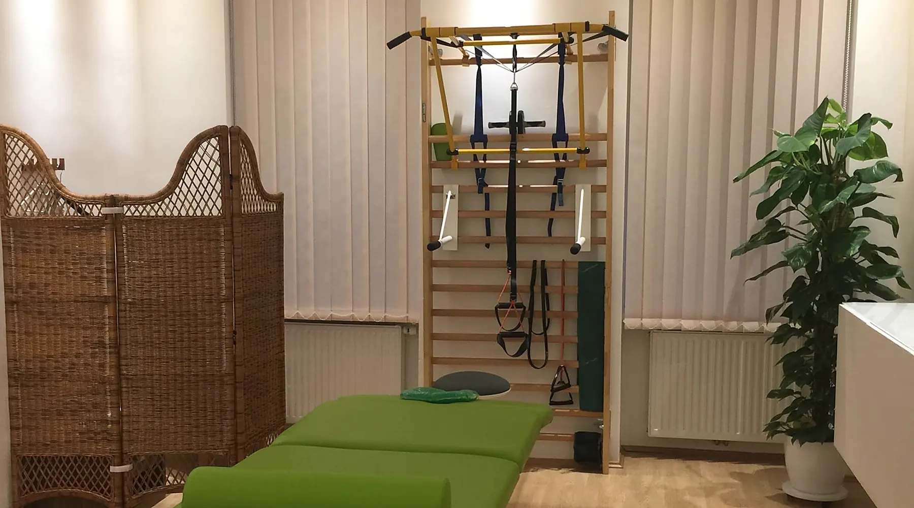 Behandlungsraum der Praxis mit Massageliege und Sprossenwand